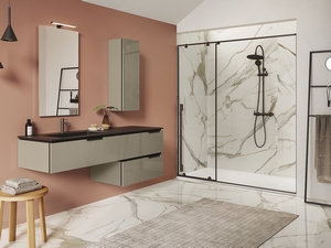 Meuble salle de bain TOUCH 160 cm 3 tiroirs taupe brillant lavabo unitop HIDE gauche en résine effet pierre noir