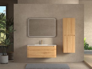 Meuble de salle de bains Etna 100 cm 2 tiroirs en bois multiplis chêne clair avec lavabo en céramique blanc brillant