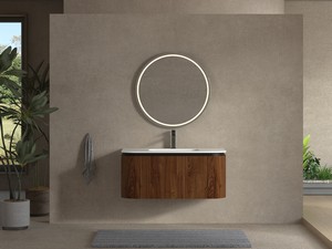 Meuble de salle de bains Tide 100 cm 3 tiroirs en bois multiplis noyer avec lavabo en Solid Surface blanc mat