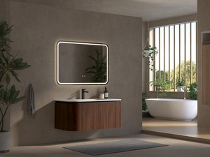 Meuble de salle de bains Tide 100 cm 3 tiroirs en bois multiplis noyer avec lavabo en Solid Surface blanc mat