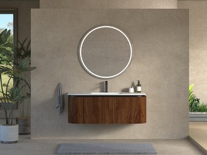 Meuble de salle de bains Tide 120 cm 3 tiroirs en bois multiplis noyer avec lavabo en Solid Surface blanc mat