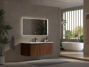 Meuble de salle de bains Tide 120 cm 3 tiroirs en bois multiplis noyer avec lavabo en Solid Surface blanc mat