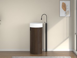 Meuble de salle de bains Tide 40 cm 1 porte en bois multiplis finition noyer avec lavabo Sesia en céramique blanc brillant