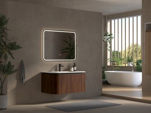 Meuble de salle de bains Tide 90 cm 3 tiroirs en bois multiplis noyer avec lavabo en Solid Surface blanc mat