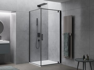 Onda Shower Box 70x90 H200 Rotating Hinged Door and Fixed Side 6 mm Transparent Glass and Black Matt Profiles
