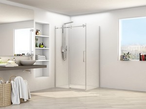Eckduschkabine Oxo Inox 80x120 H200 Erw.117,5/119-77,5/79 cm Schiebetür, Glasstärke 8 mm, Profile Edelstahl gebürstet