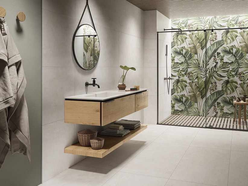 Meuble de salle de bain OXYGEN 140 cm 2 tiroirs chêne naturel nœuds et lavabo Unitop HIDE gauche résine blanc mat