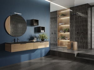 Meuble de salle de bain OXYGEN 160 cm 2 tiroirs et lavabo Unitop HIDE gauche en résine noir effet pierre