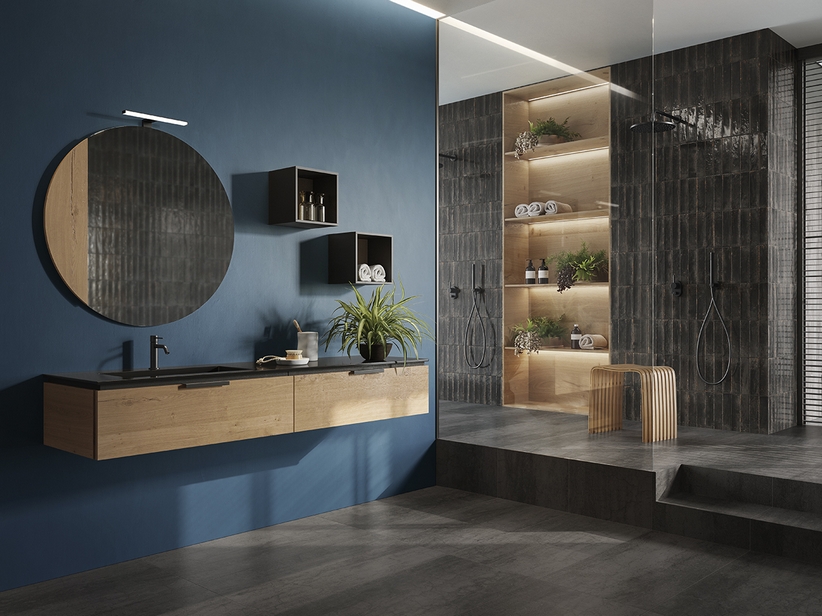 Meuble de salle de bain OXYGEN 160 cm 2 tiroirs et lavabo Unitop HIDE gauche en résine noir effet pierre