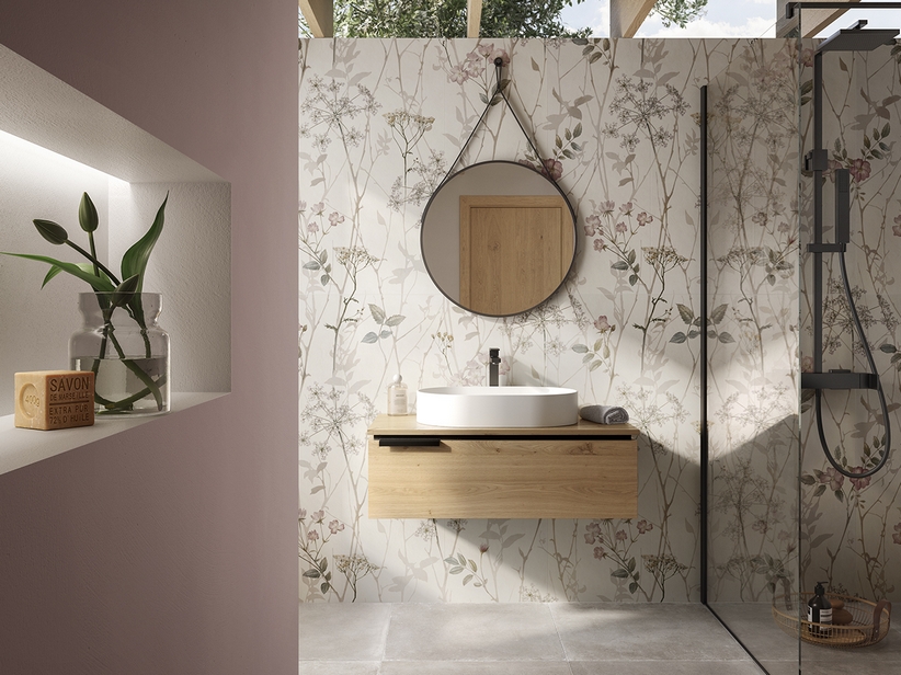 Meuble de salle de bain OXYGEN 90 cm 1 tiroir avec plateau de 4,5 cm en chêne naturel à nœuds