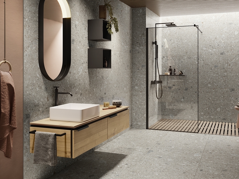 Meuble salle de bain OXYGEN 140 cm avec 2 tiroirs et un plateau de 1,8 cm en chêne naturel à nœuds