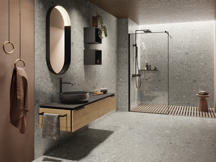 Meuble de salle de bains OXYGEN 140 cm 2 tiroirs et top PHOENIX noir mat