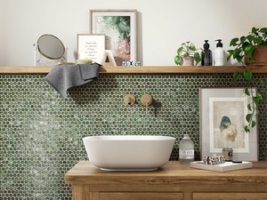 Mosaïque verre Penny Green 28,6x28,6 cm vert avec feuille d'argent