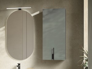 Badezimmer-Hängeschrank DESK mit 1 Tür, 36xH 84 cm, mattgrün – Griff in Matt-Schwarz