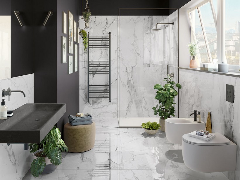 Carrelage salle de bains grès cérame effet marbre rendu miroir rectifié - Ultrawhite