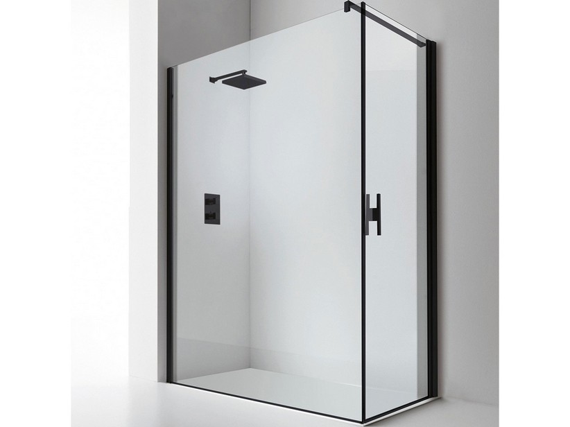 Cabine de douche d'angle Plano 80x90 H200 cm - Porte pivotante droite et paroi douche verre 8 mm transparent noir mat