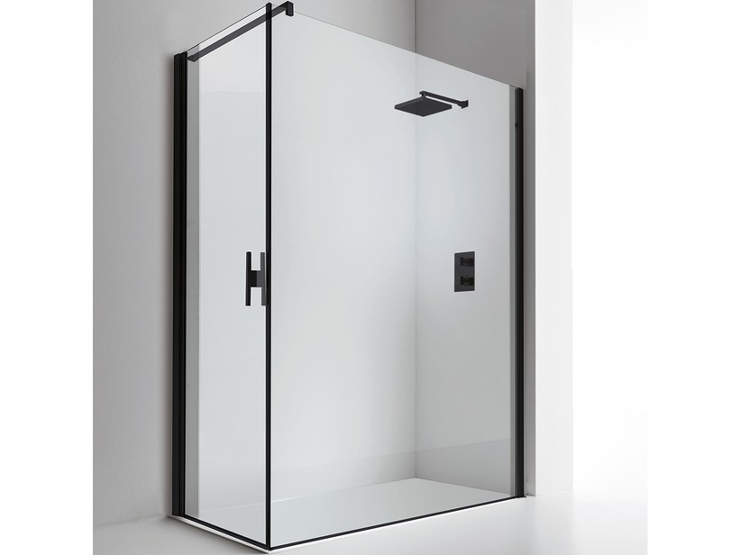 Cabine de douche d'angle Plano 70x120 H200 cm - Porte pivotante gauche et paroi douche verre 8 mm transparent noir mat