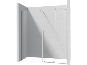 Porte coulissante Prizma, paroi fixe alignée 190 H195 cm ext. 118/120-66/68 cm verre 6 mm transparent inox brossé