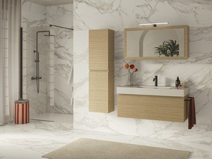 Mobile Bagno Qubo 100 cm 1 Cassetto Quercia Chiaro con Lavabo Unitop in Resina Bianco Lucido
