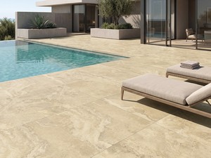 Fliese Rapolano Beige XOUT 80x80 Feinsteinzeug für Außenbereich Stärke 20mm rektifiziert Marmoroptik