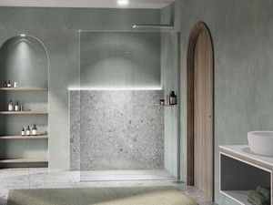 Doccia Walk-In Plano 120 cm H200 Est 116,5/118,5 Cristallo 8 mm Trasp con Mensola Destra e Profili Effetto Inox Spazzolato