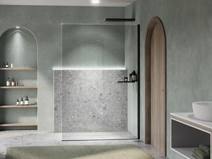 Doccia Walk-In Plano 100 cm H200 Est 96,5/98,5 Cristallo 8 mm Trasparente con Mensola Destra e Profili Nero Opaco
