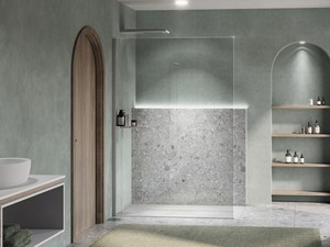 Plano Walk-In 140 cm Crystal 8 mm Transparent with Left Shelf And Brushed Steel Effect Profile