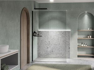 Doccia Walk-In Plano 100 cm H200 Est 96,5/98,5 Cristallo 8 mm Trasparente con Mensola Sinistra e Profili Nero Opaco