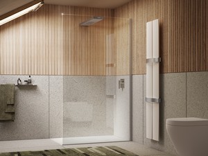 Doccia Walk-In Plano 100 cm H200 Est 96,5/98,5 Cristallo 8 mm Trasp con Soffione 80 cm Inox e Profili Effetto Inox Spazzolato
