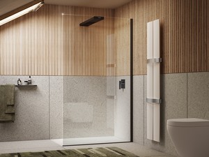 Doccia Walk-In Plano 100 cm H200 Est 96,5/98,5 Cristallo 6 mm Trasparente con Soffione 100 cm Inox e Profili Nero Opaco
