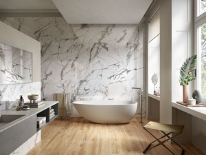 Badezimmer-Wandfliese aus Feinsteinzeug mit Marmoroptik glänzend poliert rektifiziert 60x120 - Iceberg White