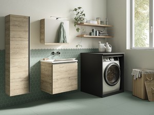 SMART Space-Saving Laundry Cabinet 60 cm 1 Door Natural Oak and WASH Sink
