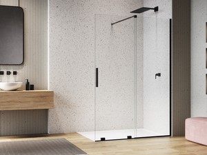 Douche à l’italienne avec porte coulissante Smooth 160xH200 Ext 1 cm verre transparent 8 mm profilés noir mat