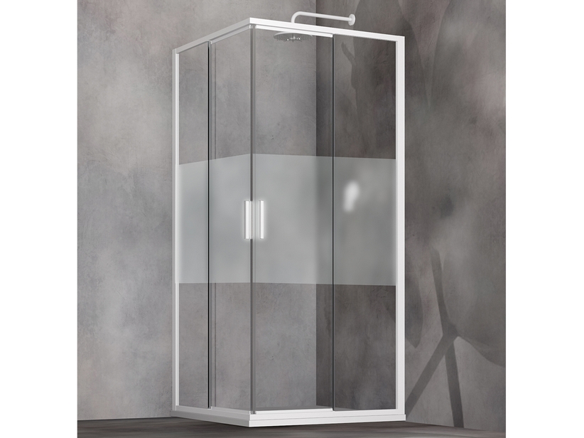 Cabine de douche d'angle Start 70x95 cm portes coulissantes verre sérigraphié bande satinée et profils blanc brillant