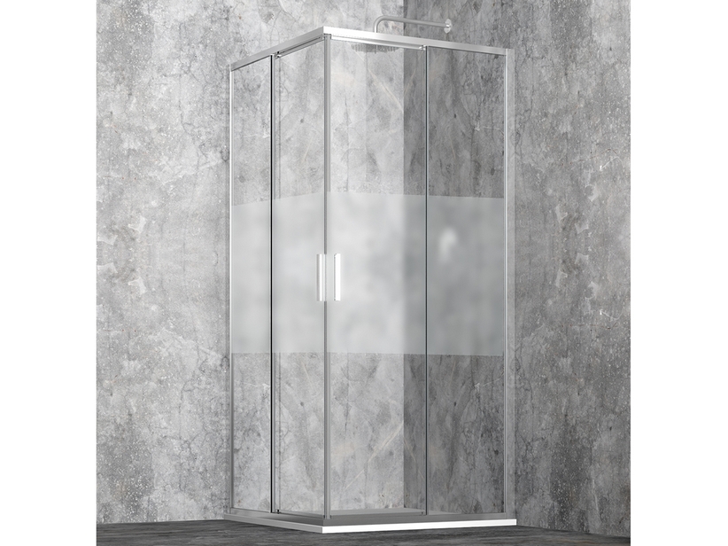 Cabine de douche d'angle Start 70x105 cm portes coulissantes verre sérigraphié bande satinée et profils chrome