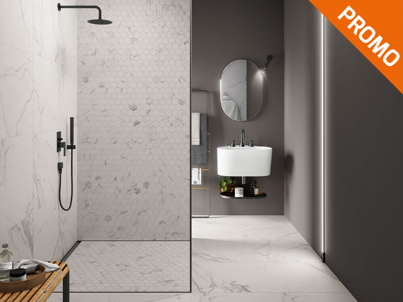 Carrelage salle de bains grès cérame effet marbre finition soft 60X60 rectifié - Statuario Bianco