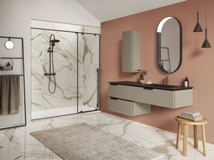 Meuble de salle de bains TOUCH 160 cm 3 tiroirs taupe mat et lavabo Unitop HIDE droite en résine effet pierre noir