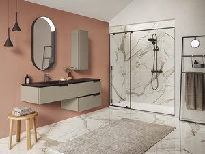 Meuble de salle de bains TOUCH 160 cm 3 tiroirs taupe mat et lavabo Unitop HIDE gauche en résine effet pierre noir