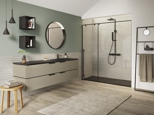 Meuble de salle de bains TOUCH 160 cm 4 tiroirs taupe mat et lavabo Unitop HIDE droite en résine effet pierre noir