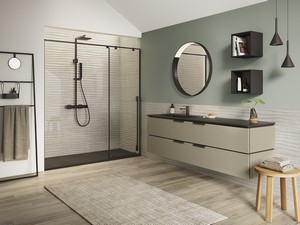 Meuble de salle de bains TOUCH 160 cm 4 tiroirs taupe mat et lavabo Unitop HIDE gauche en résine effet pierre noir