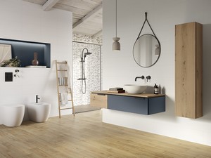 Badezimmermöbel TOUCH 140 cm 1 Schublade links und Oberteil Eiche mit Astlöchern und 1 Schublade mattblau
