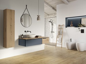 Badezimmermöbel TOUCH 140 cm 1 Schublade rechts und Aufsatz Eiche mit Astlöchern und 1 Schublade mattblau