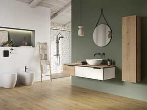 Badezimmermöbel TOUCH 140 cm 1 Schublade links und Aufsatz Eiche mit Astlöchern und 1 Schublade mattweiß