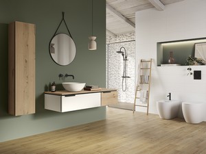 Badezimmermöbel TOUCH 140 cm 1 Schublade rechts und Oberschrank Eiche mit Astlöchern und 1 Schublade mattweiß