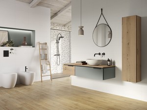 Badezimmermöbel TOUCH 140 cm 1 Schublade links und Aufsatz Eiche mit Astlöchern und 1 Schublade in mattem Salbeigrün