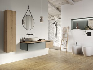 Meuble salle de bains TOUCH 140 cm 1 tiroir à droite et plan chêne à nœuds et 1 tiroir vert sauge mat