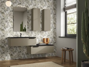 TOUCH Bathroom Cabinet 90 cm 1 Drawer Matt Dove Grey and Unitop HIDE Washbasin in Black Stone Effect Resin