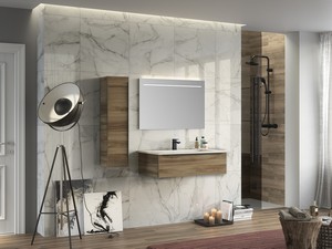 Meuble de salle de bains Trendy 90 cm noyer Belgravia et lavabo résine Hide blanc brillant