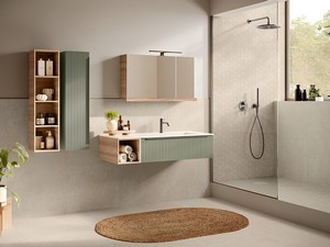 Badmöbel Trendy 115 cm Grün matt/Nussbaum und Hide Waschbecken Re. Weiß glänzend