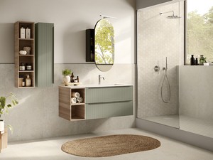 Badmöbel Trendy 115 cm 2 Schubladen Grün matt/Nussbaum und Hide Waschbecken Re. Weiß glänzend
